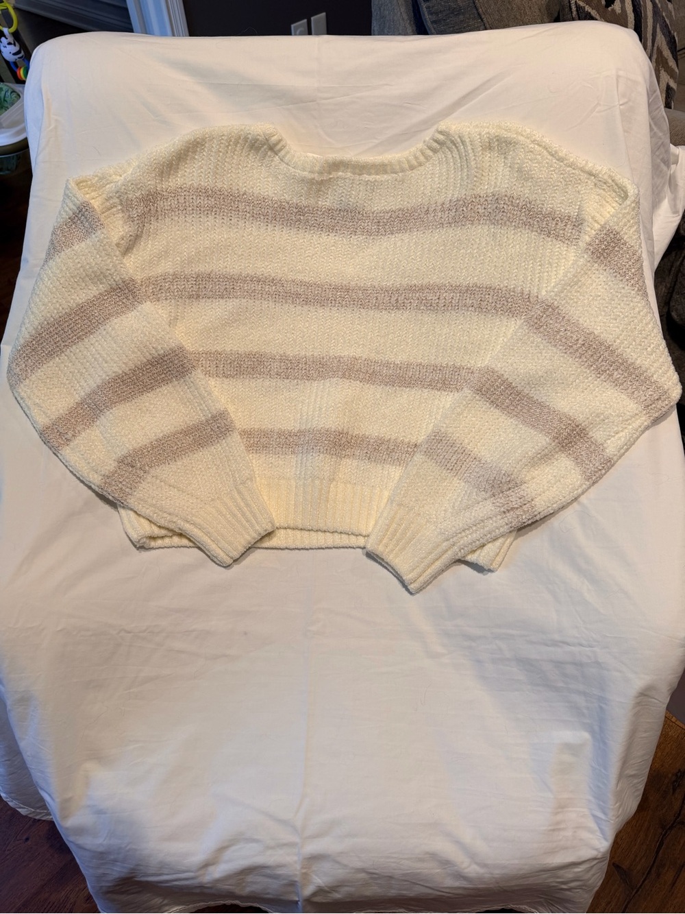 Pink Rose Cream and White Striped Crewneck Sweater with Shimmer